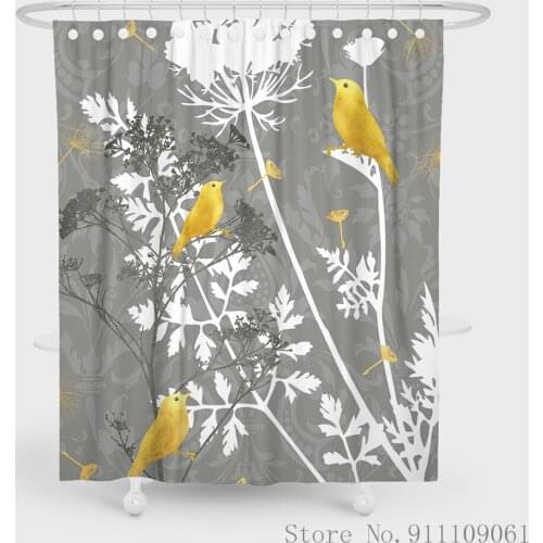 Gray Flowers Birds Pattern Shower Curtain Waterproof Mildew Proof Polyester Fabric Bathroom Partition Curtain Home Decoration