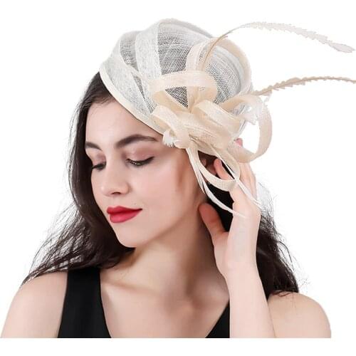 Ladies Formal Dinner Fascinator Headwear Hair Clip Women Beige Cocktail Hats Kentucky Derby Mesh Wedding Hair Accessories