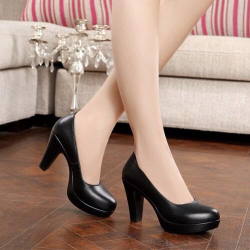 2018 Shallow Mouth Work Shoes Female Black High Heel Leather Waterproof Platform Single Shoes Thick With Mother Shoes