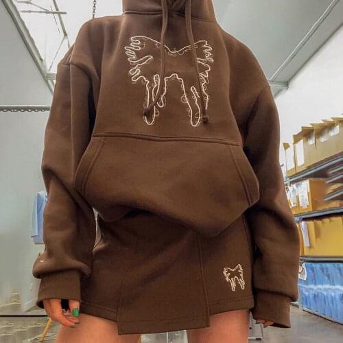 Butterfly Graphics Brown Sweatshirts Oversized Long Sleeve Pullovers y2k Hooded Pockets Sporty Tops Winter Goth Streetwear Women
