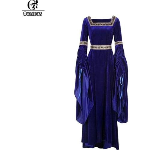 ROLECOS New Arrival Indigo Red Black Green Womens Halloween Dress Long Medieval Renaissance with Belt European Retro Dresses