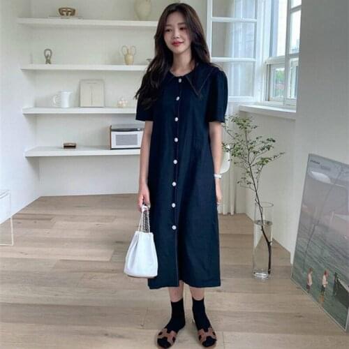 2020 Women Summer Navy Blue Vintage Long Shirt Dress Sashes Sailor Collar Short Sleeve Exposed Line Midi Dresses