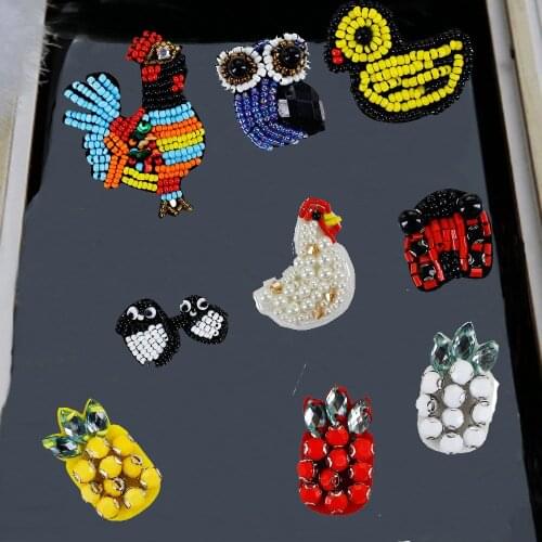 10pc Handmade Rhineston Beaded Patches Cock Owl Pineapple Duck Hen Penguin Animal Applique Sew for Clothing DIY Craft