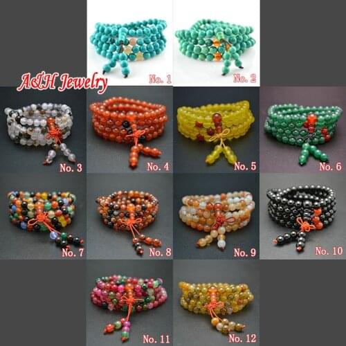 5pcs Mixed Style Fashion Women Tibetan Prayer Mala Buddhism Jewelry Natural Semi-precious Stone 108 Beads Bracelets
