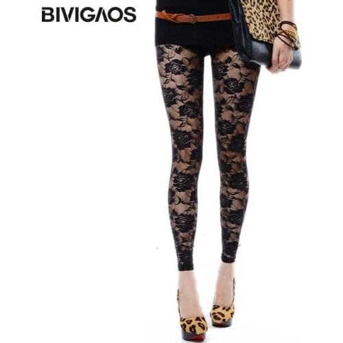BIVIGAOS New Summer Women Lace Roses Sexy Leggings Thin Elastic Rose Hollow Push Up Leggings Womens Transparent Black Leggings