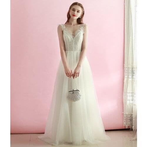 Boho Appliqued Tulle Wedding Dress Backless 2020 Floor Length Beach V Neck Bridesmaid Bridal Gown Real photo factory price #3011