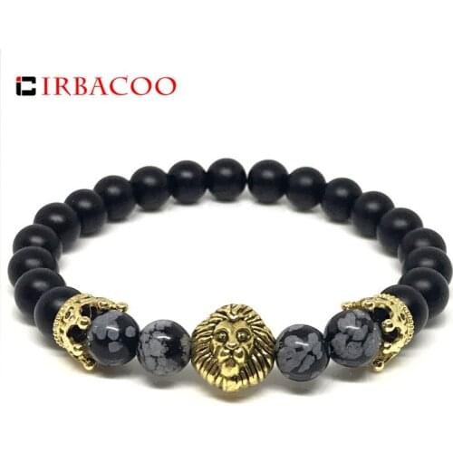 IRBACOO 2020 Fashion Men Bracelet Gold Lion & Crown With 8mm Matte Onyx & Snow Natural Stone Bead Bracelet For Men Jewelry Gift