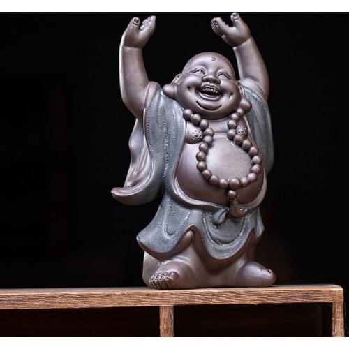 Ceramic Maitreya Buddha Decoration Black Sands Laughing Buddha Pure Hand Sculpture High-end home living room decoration statue
