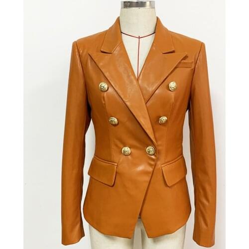 Brown PU Leather Jacket Women Faux Leather Metal Buckle Double-breasted Slim Office Work Business Womens Jackets Blazers 2021