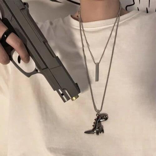 Cool Movable Dinosaur Pendant Stainless Steel Necklace, Vintage Long Chain Punk Jewelry for Women Man Friendship Girl Gifts