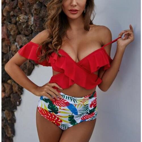 Floral Ruffle Two Piece Swimsuit Women Summer Swimwear Solid Color Spaghetti Strap Crop Top High-Waist Panty Bikini Set for Girl