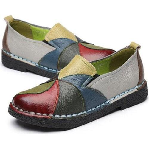 Women`s Soft Handmade Shoes Splicing Colorful Genuine Leather Stiching Slip on Casual Flat Loafers