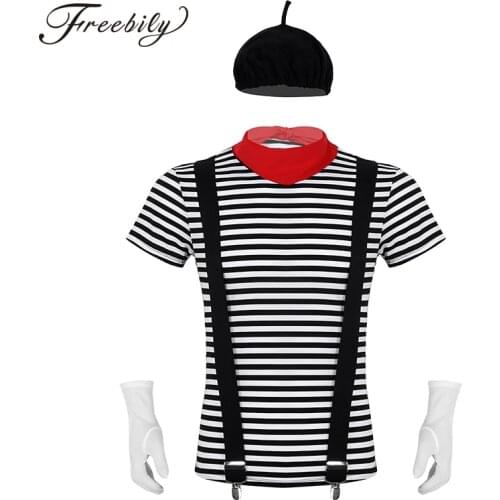 Men adults french mime artist artiste fancy dress costume halloween cosplay Outfit T-shirt with Scarf Suspender and Gloves