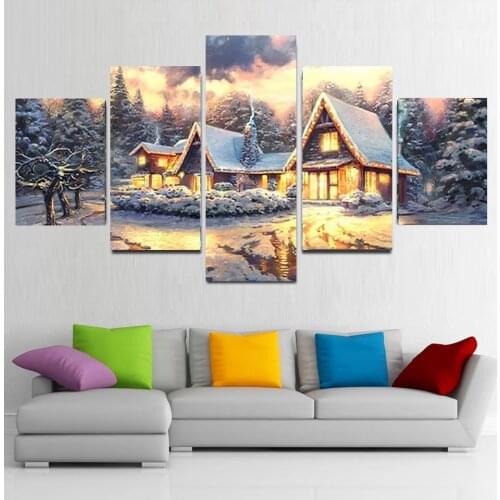 Full Square Round Drill 5D DIY Diamond Painting 5 Pieces Snow House Winter Scenery Diamond Embroidery Multi-Picture WW278