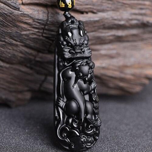Natural Obsidian Dragon and Ru yi abacus Jade Pendant Jewelry Lucky Exorcise Evil Spirits Auspicious Jade Pendant Fine Jewelry