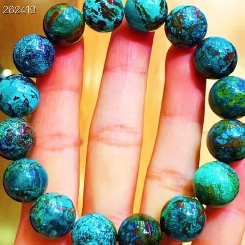 Genuine Natural Malachite Azurite Green Blue Bracelet 13.3mm Round Beads Woman Men Azurite Bracelet Genuin