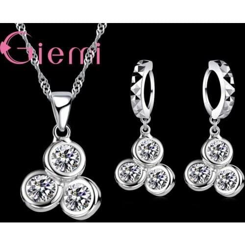 New Arrival Crystal Triangle shape Pendant Necklace Drop Earrings 925 Sterling Silver Jewelry Sets women Party Free Shipping