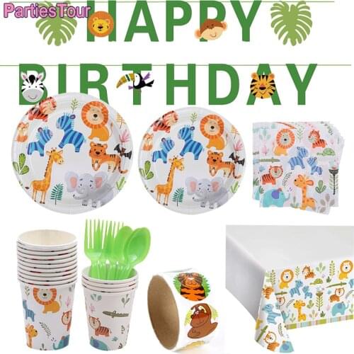 Jungle Safari Animal Themed Birthday Party Tableware Disposable Plates Cups Napkins Tablecloth Animal Sealing Stickers for Kids