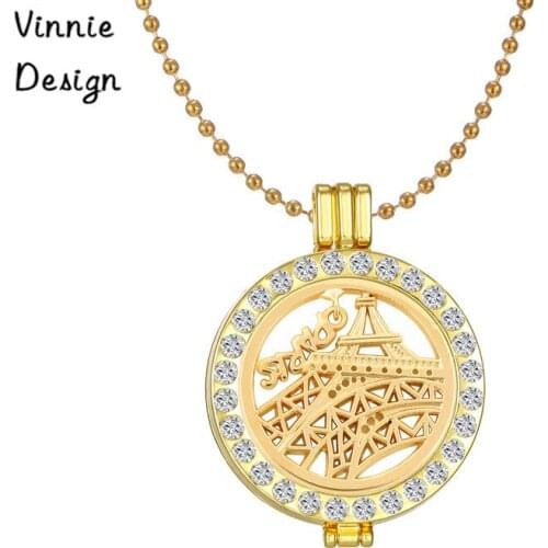 Vinnie Design Jewelry 35mm Crystal Pendant Necklace with Eiffel Tower Paris Coin fashion women gift 80cm bead chain