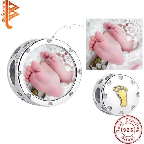 Personalized Custom Photo 925 Sterling Silver Round Baby Footprint Charm Bead Fit Original Bracelet For Woman DIY Jewelry Making