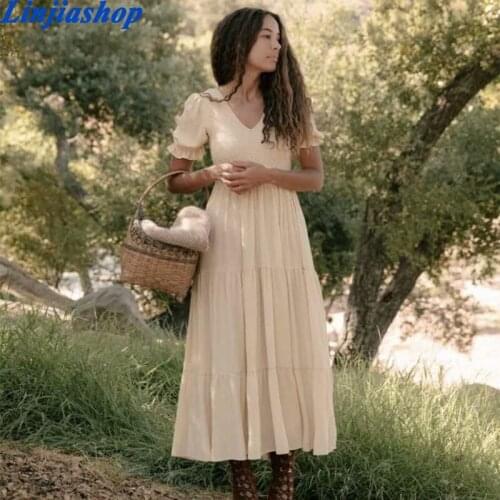 Summer Apricot Long Dress For Women Elegant V Neck Puff Sleeve Vintage Dress Elastic Office Lady Aline Female Vestidos