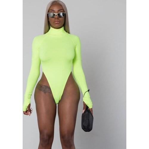 Sexy Bodycon High Cut Long Sleeve Neon Green Bodysuit for Women Kawaii Orange Black Ladies Rave Turtleneck Bodysuits Plus Size