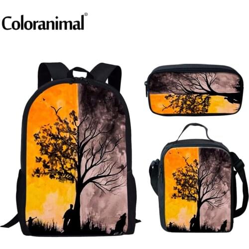 Coloranimal Brand Design Day-Night Tree Pattern School Bag for Teenage 3Pcs/Set Backpack With Lunch/Pencil Bag Canvas Bolsa Hot