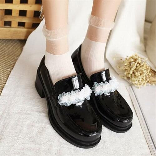 PXELENA Lace Flower Women Block Med Heels Loafers Patent Leather Round Toe Slip On Office Lady Daily Date Shoes Lady Pumps 34-43