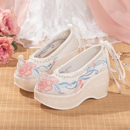 XinHuaEase High Heeled Hanfu Shoes Womens Ancient Chinese Traditional Style Slope Heel Embroidered Ankle Strap Shoes Oriental