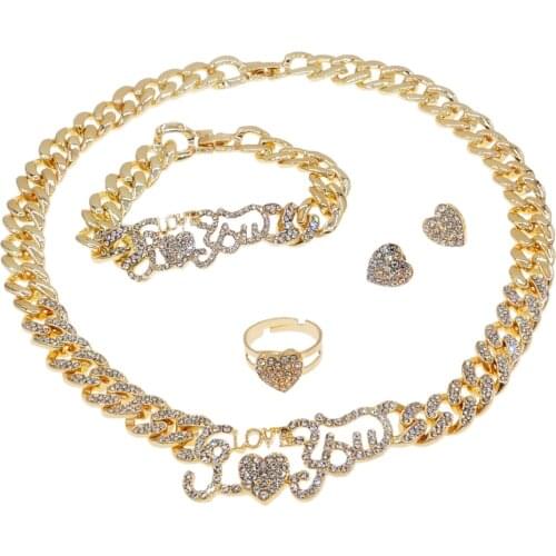 High Quality Latest Fashion Ladies Gold Plated Cuban Chain I Love You Four Piece Womens Wedding Banquet Jewelry Set