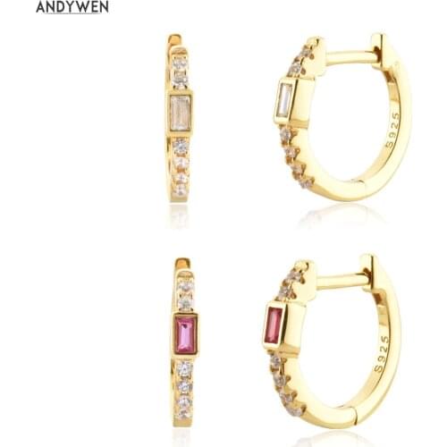 ANDYWEN New 925 Sterling Silver Gold Clear Rose Red Summer Huggies 9.5mm Slim Clips Hoops Earring Rock Punk Party Circle Jewelry