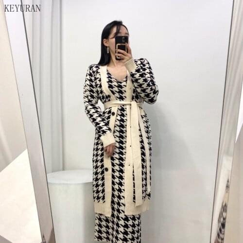 2021 Korean Sweater Set Fashion Vintage Style V-Neck Long Knitted Sweater Coat + Houndstooth Vest Dress Female Two-Piece Suit