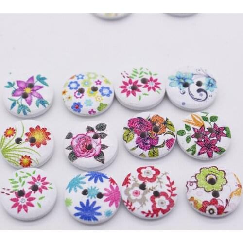 100pcs Printing Flowers Wooden Buttons For Sewing Craft Randomly Mixed 2 Holes 1.5CM Wood Buttons Botones Wholesales