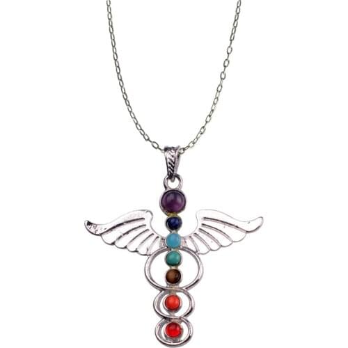 Angel Wings Divine God Symbol 7 Chakra Stone Necklace Reiki Spiritual Healing Amulet for balancing