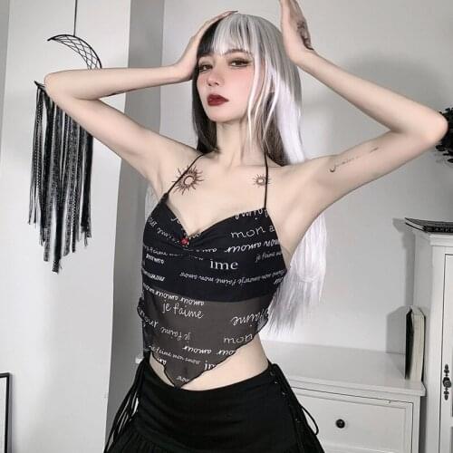 Y2k 90s Aesthetic Tops Sexy Low-cut Nesh Halter Letter-printed Sling Crop Tops Goth New Womens Fashion Alternative Clothing Emo
