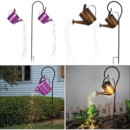 Wrought Iron Hollow Out Lamp Metal Solar Powered Watering Can Sprinkles Fairy Light LED Outdoor Garden Waterproof Decoration