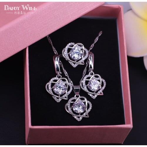 Trendy Jewelry Sets Necklace Pendant Earrings Ring Set Silver Color Cubic Zirconia Heart Jewelry Free Shipping