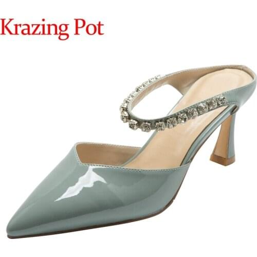 Krazing pot cow patent leather pointed toe med heel diamond shiny dance party energy mules beauty lady slip on sandals women L46