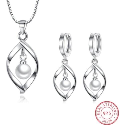 925 Sterling Silver Jewelry Sets Pearl Twist Water Drop Necklace+Earrings joyas de plata For Women Gift
