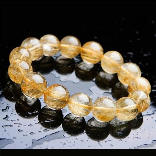 Natural Golden Rutilated Quartz Bracelet 15mm Crystal Round Bead Stretch Natural Stone Bracelets For Women Men Drop Shipping