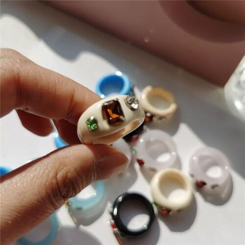 2021 New Colorful Transparent Resin Acrylic Geometry Square Round Rhinestone Rings for Women Girls Jewelry Party Gifts