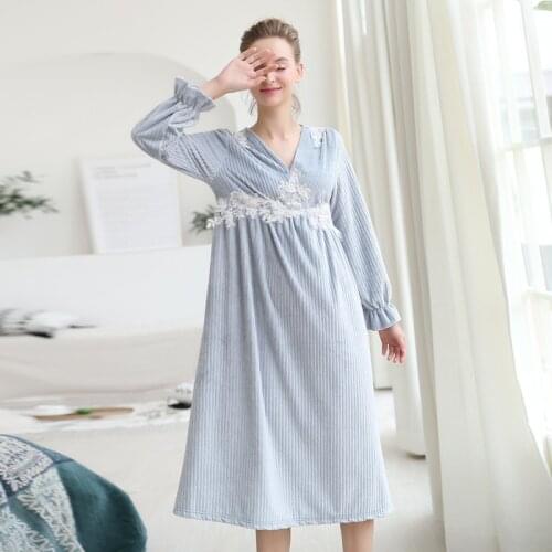 Sexy nightdress long sleeve deep V slim striped high quality coral fleece night gown plus size home service women winter robe
