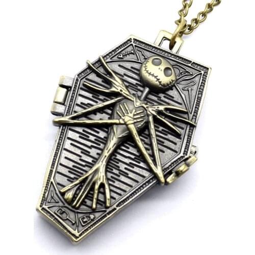 Retro Antique Bronze The Nightmare Before Christmas Coffin Quartz Pocket Watch Necklace Pendant Chain Clock Best Christmas Gifts