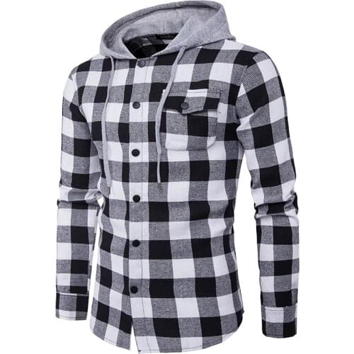 Mens Casual Red Plaid Button Up Shirt Hooded Long Sleeve England Shirt Tops Men Harajuku Black Red Checkered Blouse Clothes