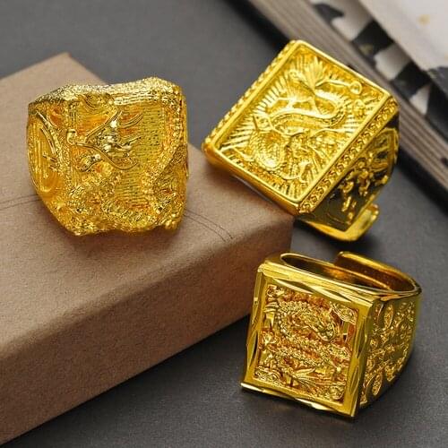 Thick Men Ring Band Hip Hop Dragon Pattern Yellow Gold Filled Punk Male Jewelry Gift Size Adjust