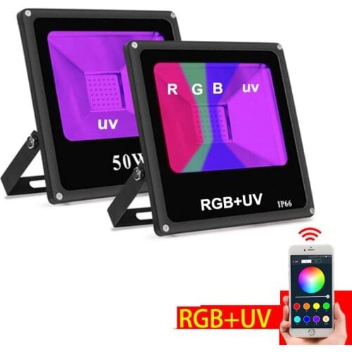 2pcs 50W UV+ RGB LED Floodlight APP Controll Blacklight IP66 Waterproof Ultra-Viole 395nm RGB Stage Light for Halloween Party