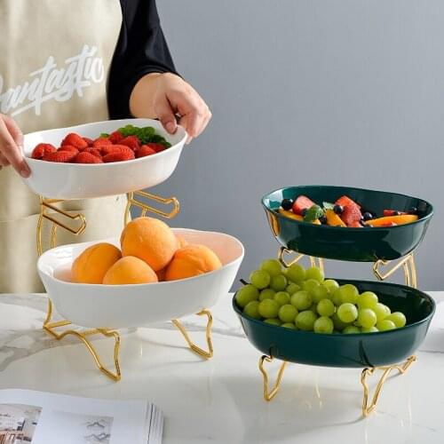 European-style Ceramic Double-layer Fruit Tray Modern Living Room Coffee Table Oval Candy Snack Storage Tray Home Decoration New