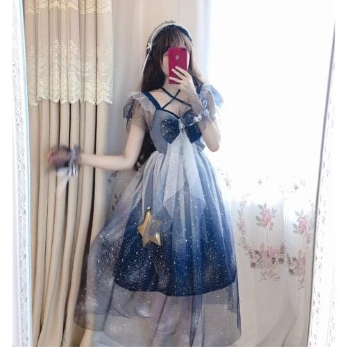 Gorgeous Starry Sky Sweet Womens Lolita JSK Dress Sleeveless Dress Cute Net Yarn Bows Trim Princess Dress One Piece Fairy Kei