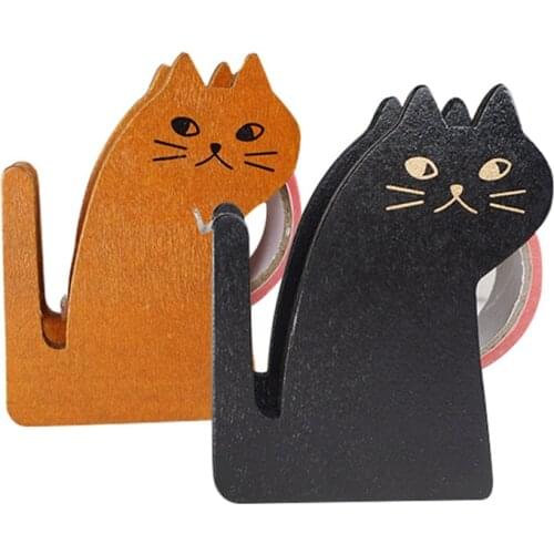 Vintage Wooden Tape Dispenser Cute Cartoon Cat Roller Tape Cutter Sealing Washi Tape Holder Manual Packing Tool Office Accessory
