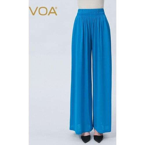 VOA Silk Knit Solid Color Elastic Waist Wide Leg Pants Women Loose Casual Summer Pants Trousers Soft Long Female Bottoms KE576
